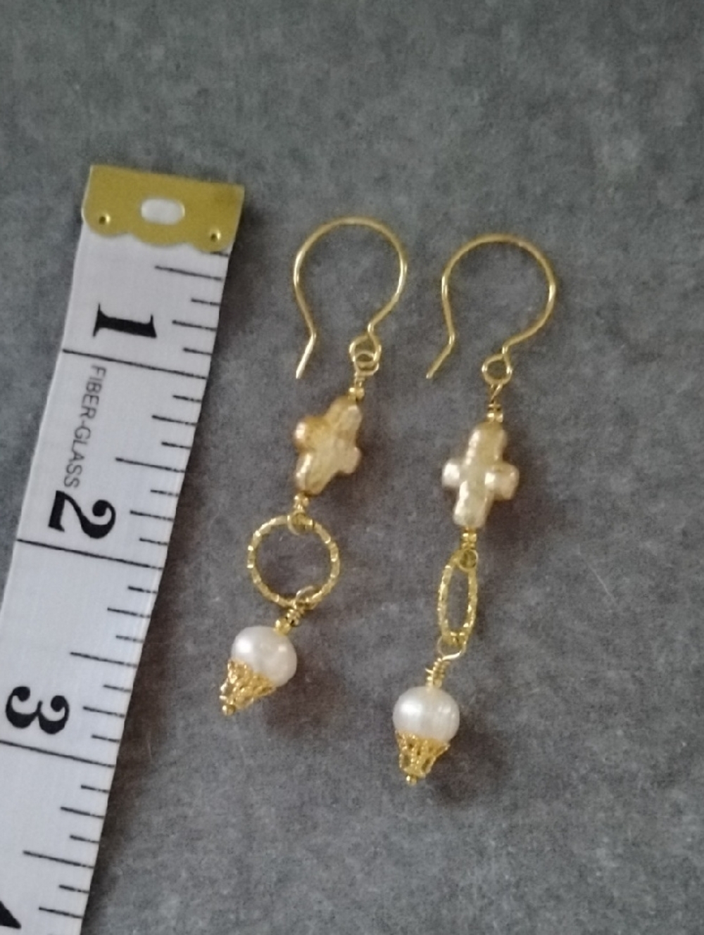 Hand Crafted Gold Cross Pearl Drop Earrings With White Fresh Water Pearls - Picture 4 of 6